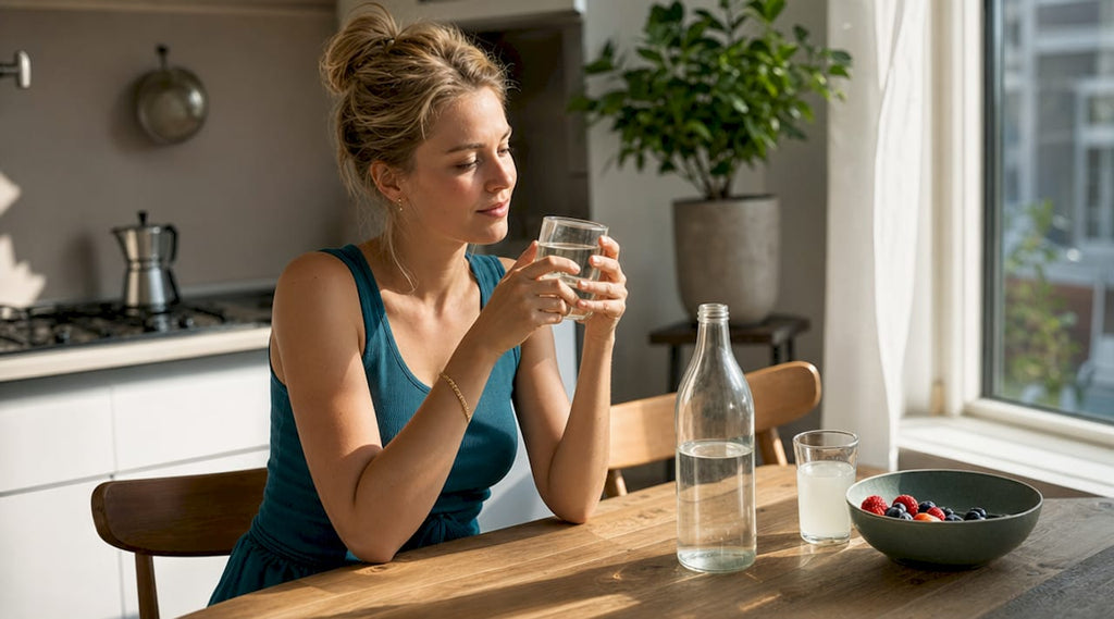 Een vrouw geniet van een drankje met elektrolyten in haar keuken thuis.