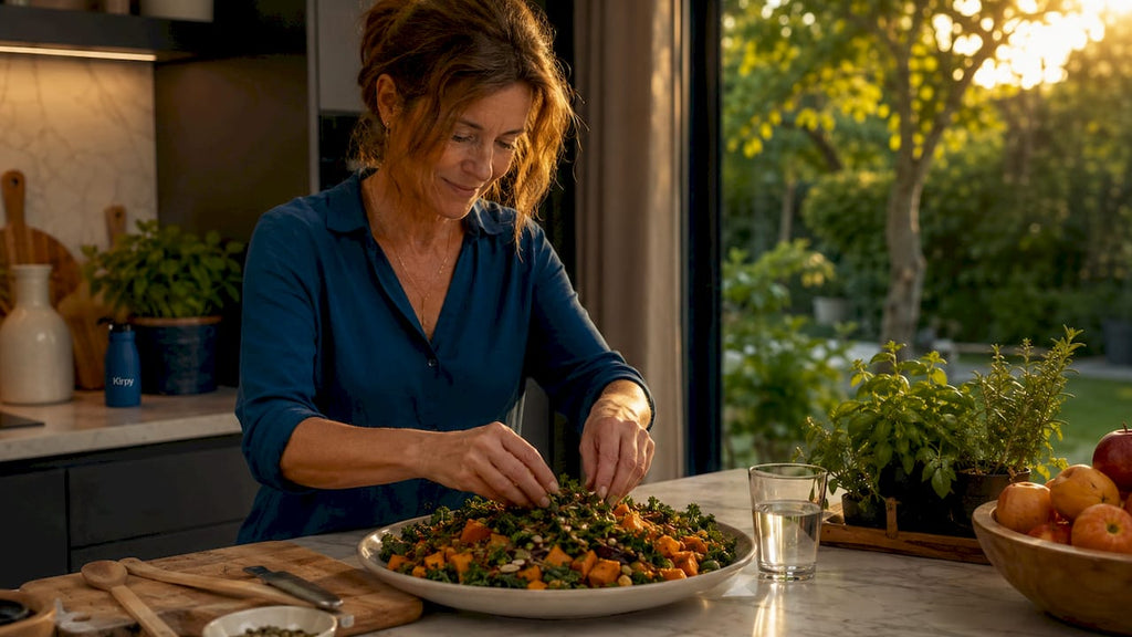 Een vrouw staat in de keuken en bereidt een maaltijd boordevol elektrolyten.