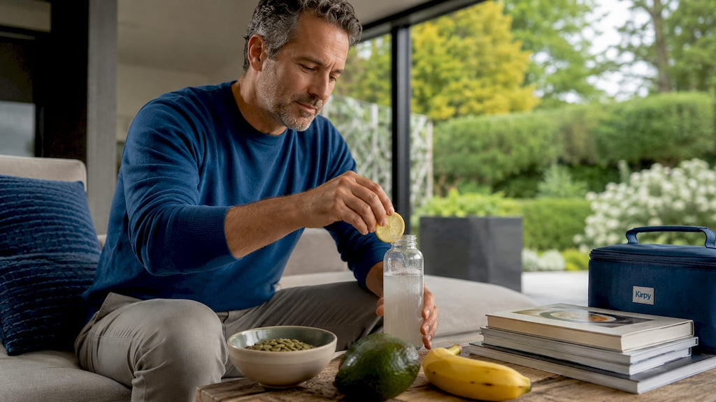 Man giet een sportdrank vol elektrolyten in zijn waterfles