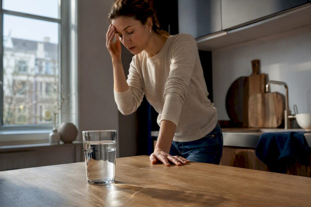 Volwassene voelt zich duizelig naast een glas water